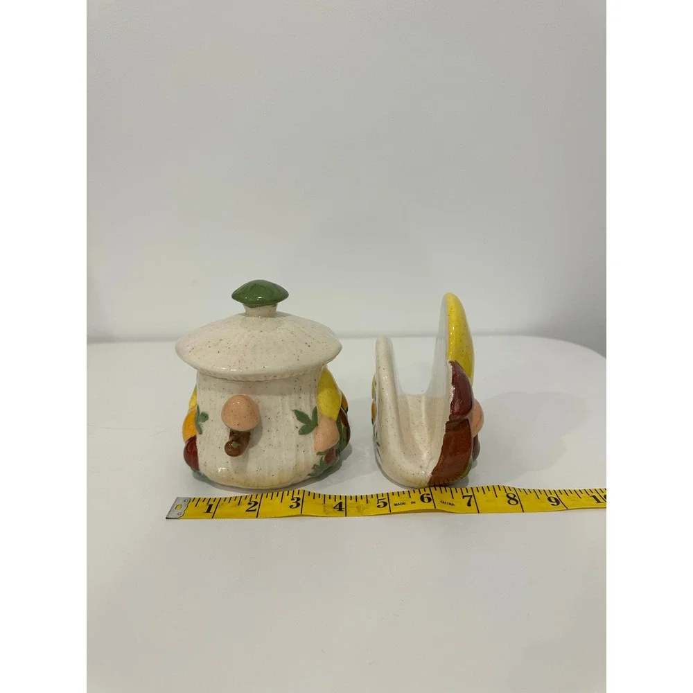 Vintage Ceramic Mushroom Sugar Bowl and Napkin Holder Set Retro Kitchen Decor‎
